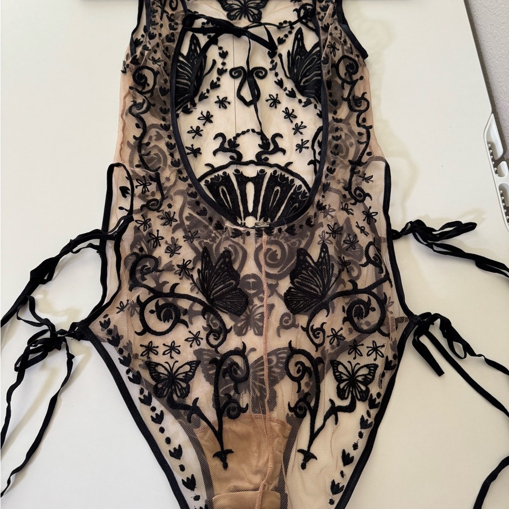 For Love & Lemons Karina Sheer Black Embroidered Butterfly Bodysuit - Picture 9 of 16